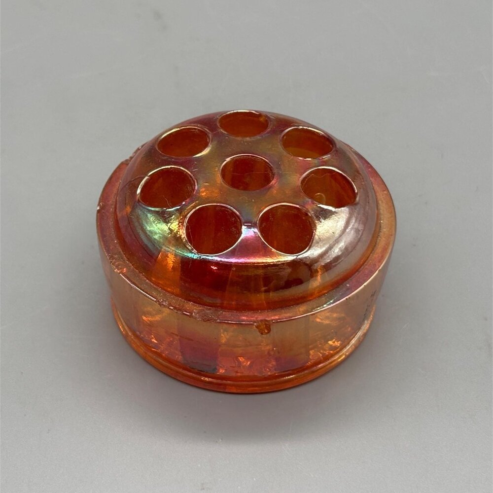 Vintage Carnival Glass Flower Frog Orange Iridescent Dome Flower Holder